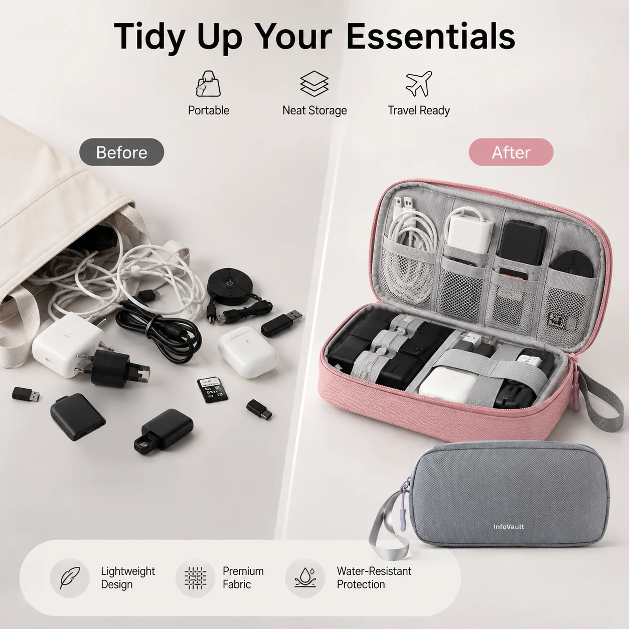 Tech Accessories Hard Case - Двухслойный органайзер для кабелей, многокарманный чехол